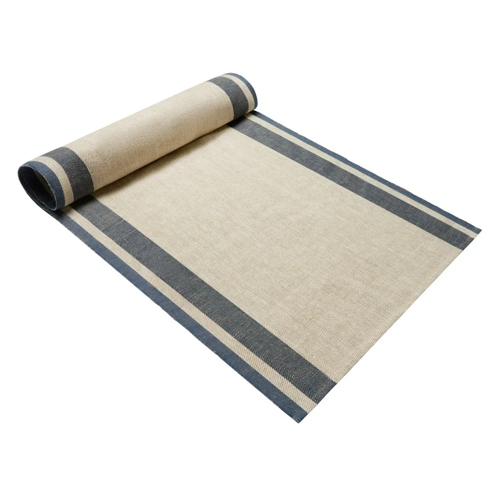 CARAVAN Gordes Natural & Blue Cotton Linen Table Runner Size 20x90  NEW